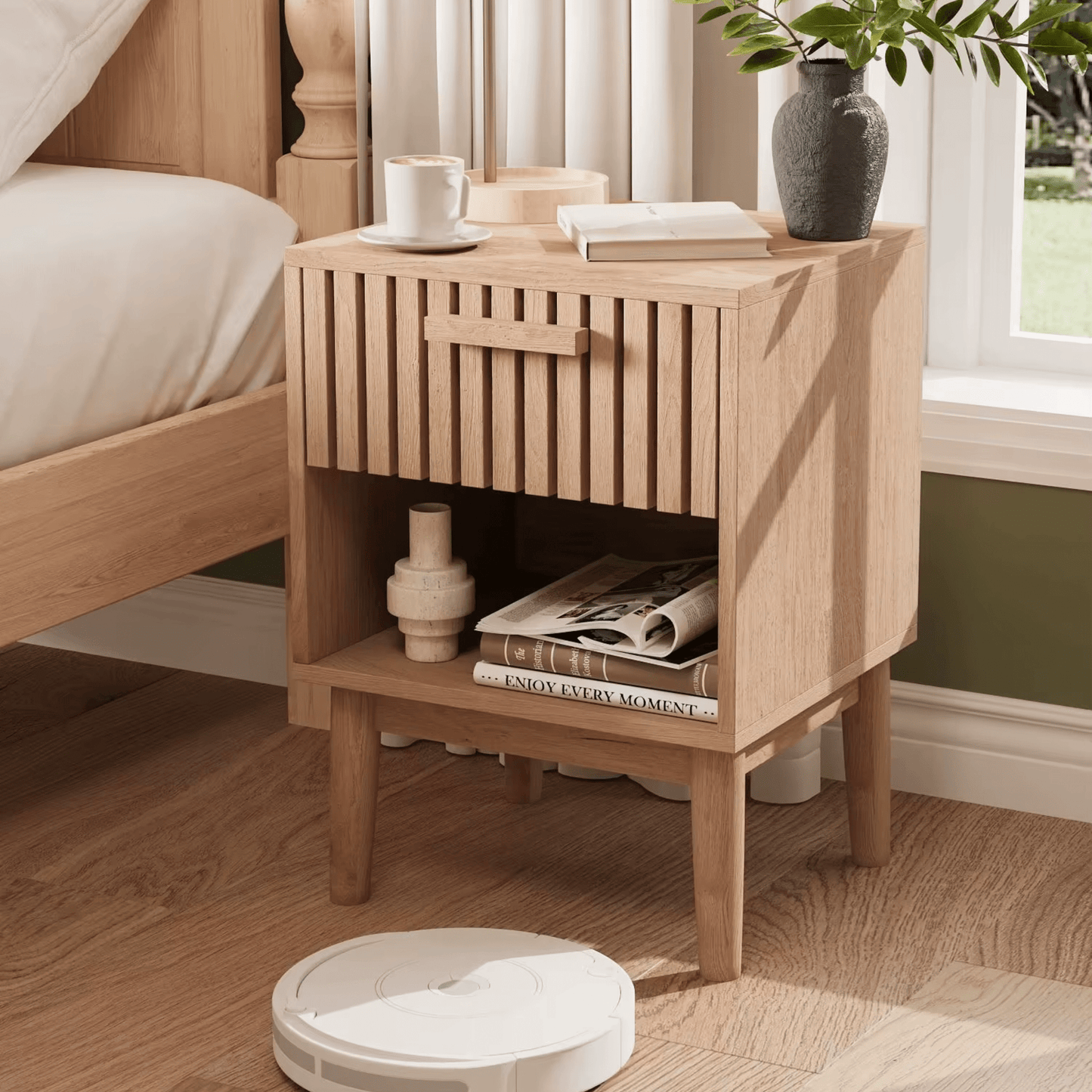 Table de Chevet Bois Massif – Tiroir + Niche Ouverte – Motif Ondulé – Chambre - Coin De Nuit - Table de chevet