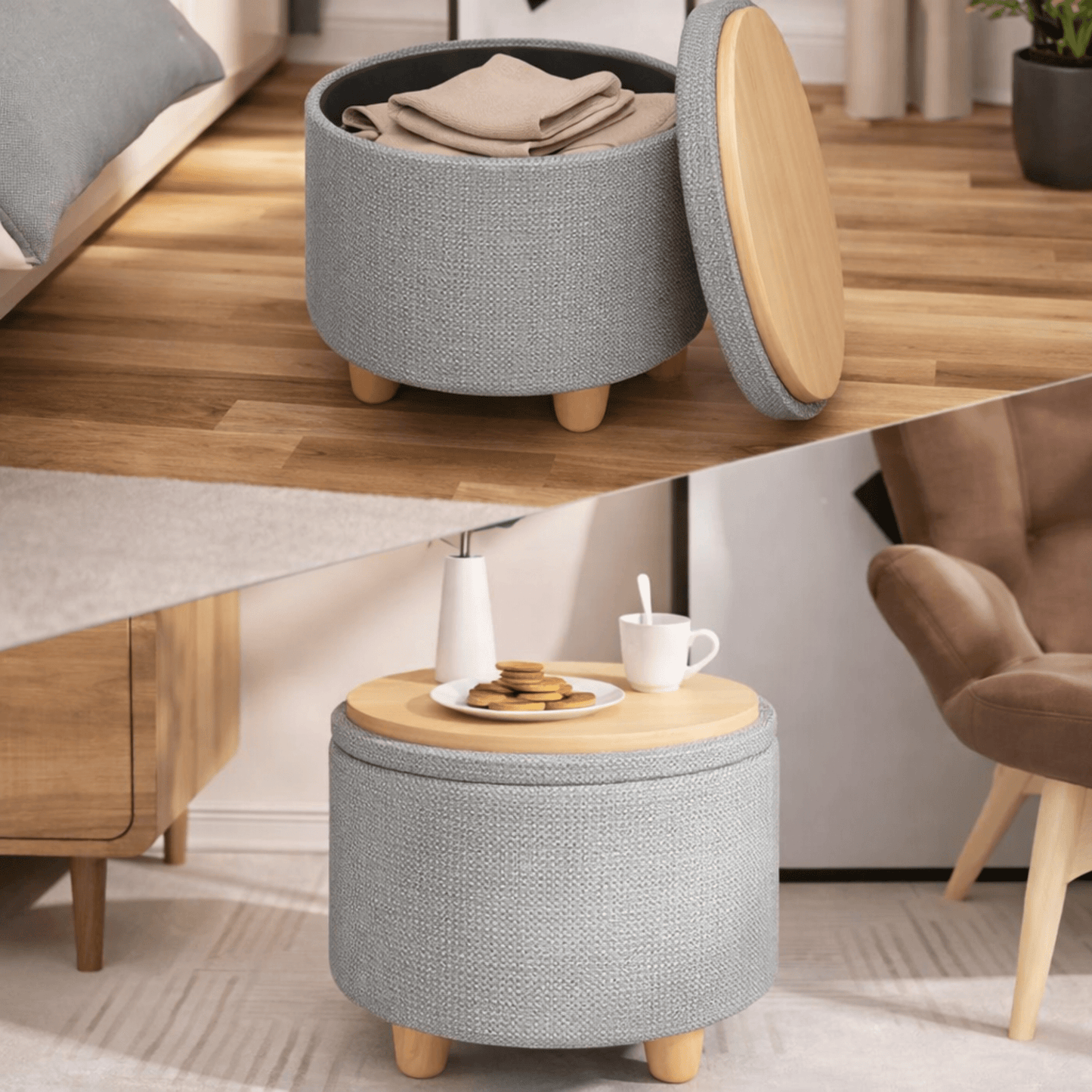 Tabouret Coffre Rond avec Rangement – Couvercle Plateau Bois – Salon Chambre - Coin De Nuit - Tabouret de rangement