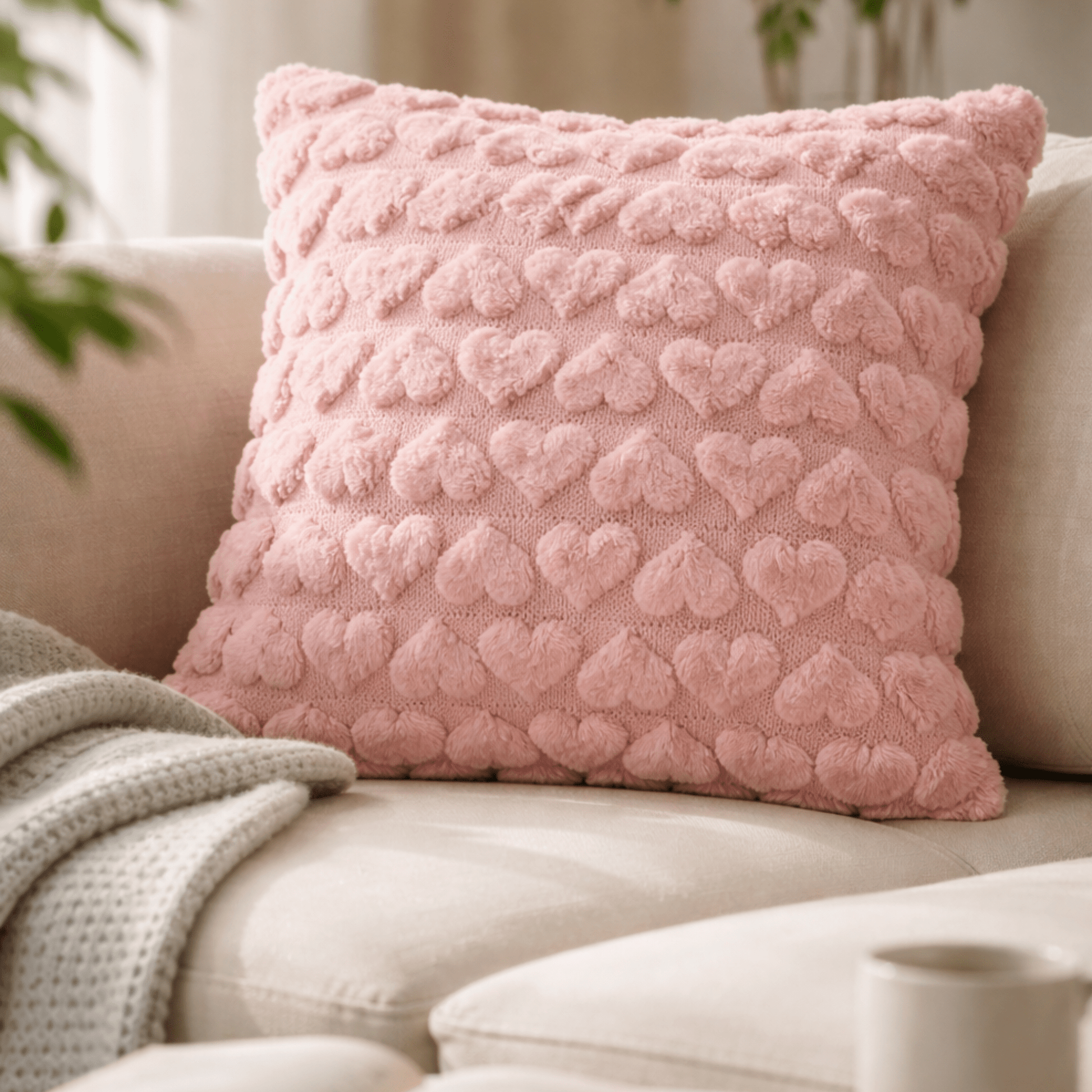 Housse de Coussin Peluche Douce – Motif Cœur en Relief – Décoration Chambre - Coin De Nuit - Housse de coussin