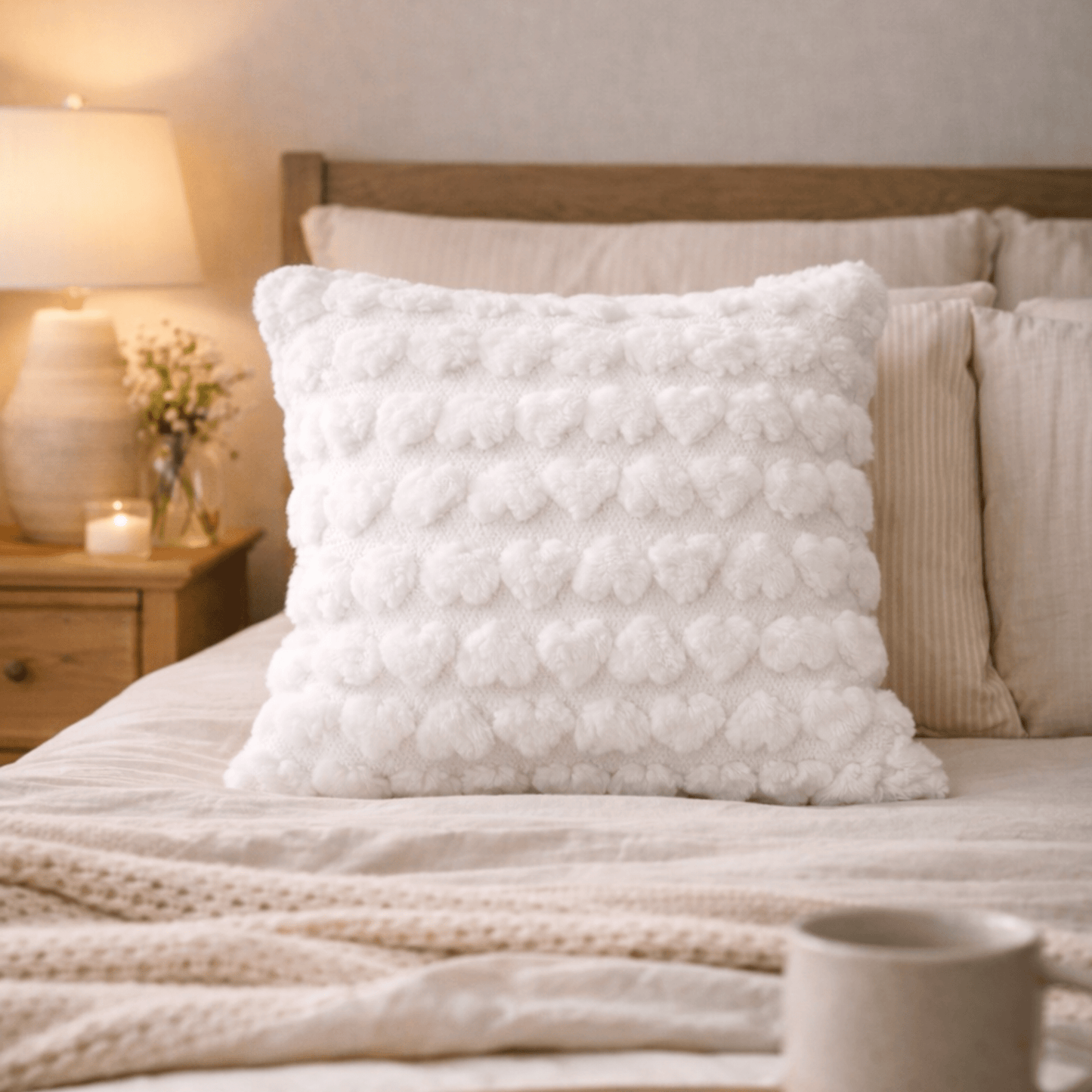 Housse de Coussin Peluche Douce – Motif Cœur en Relief – Décoration Chambre - Coin De Nuit - Housse de coussin