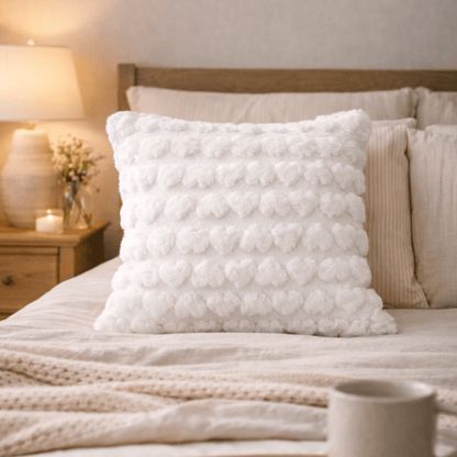 Housse de Coussin Peluche Douce – Motif Cœur en Relief – Décoration Chambre - Coin De Nuit - Housse de coussin