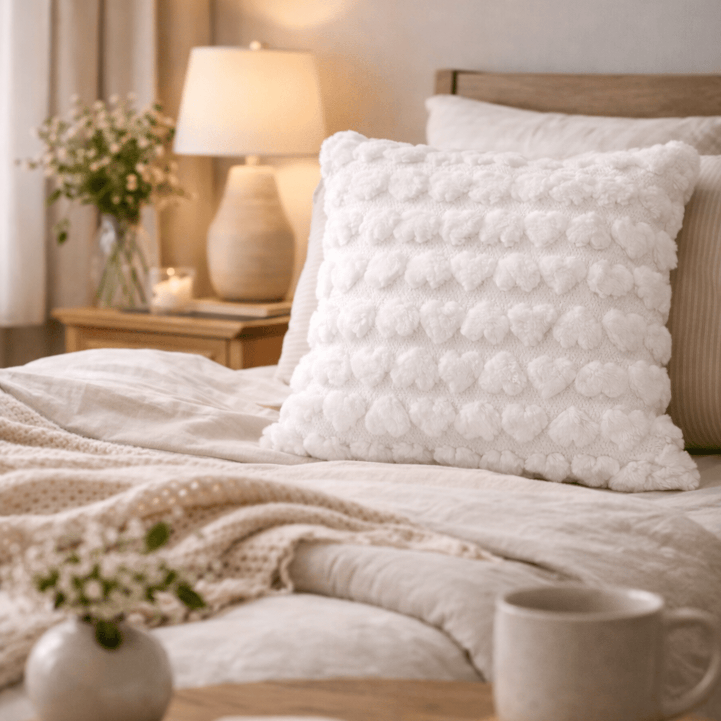 Housse de Coussin Peluche Douce – Motif Cœur en Relief – Décoration Chambre - Coin De Nuit - Housse de coussin