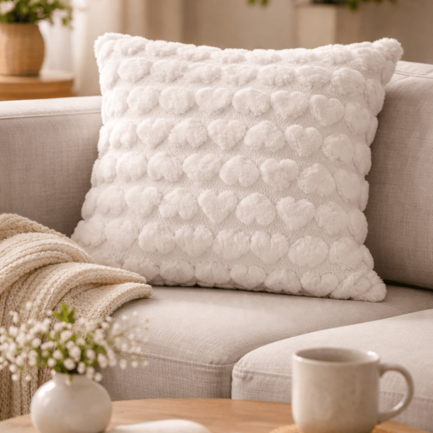 Housse de Coussin Peluche Douce – Motif Cœur en Relief – Décoration Chambre - Coin De Nuit - Housse de coussin