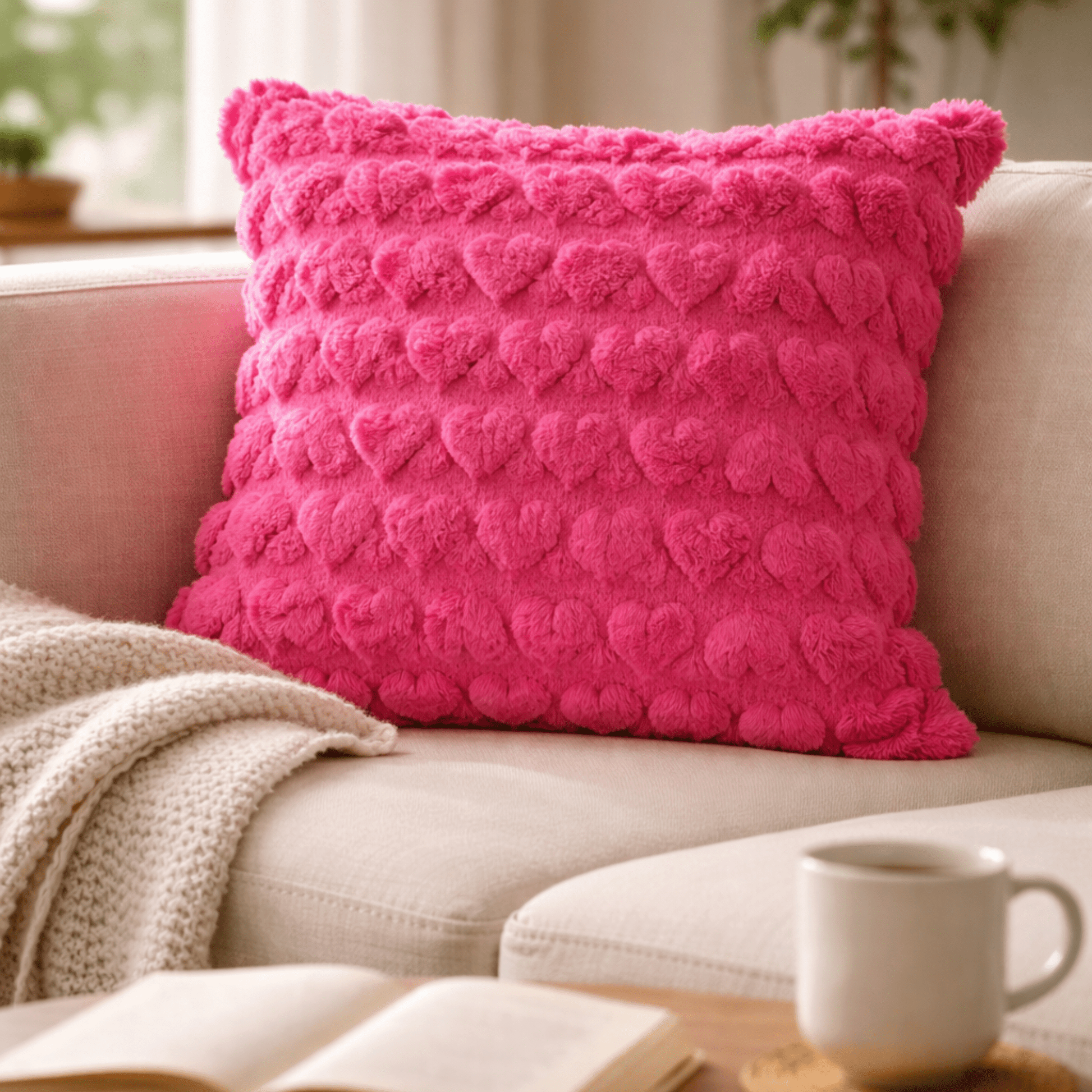 Housse de Coussin Peluche Douce – Motif Cœur en Relief – Décoration Chambre - Coin De Nuit - Housse de coussin