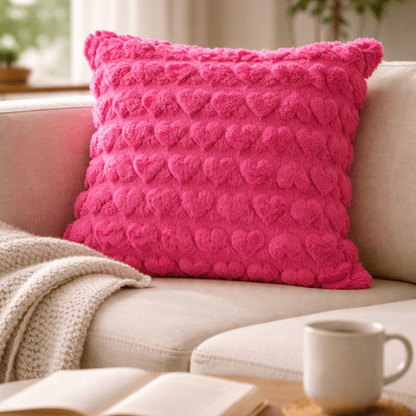 Housse de Coussin Peluche Douce – Motif Cœur en Relief – Décoration Chambre - Coin De Nuit - Housse de coussin