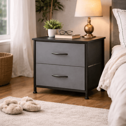 Lot 2 Tables de Chevet 2 Tiroirs Tissu – Cadre Acier Bois – Pieds Réglables - Coin De Nuit - Table de chevet