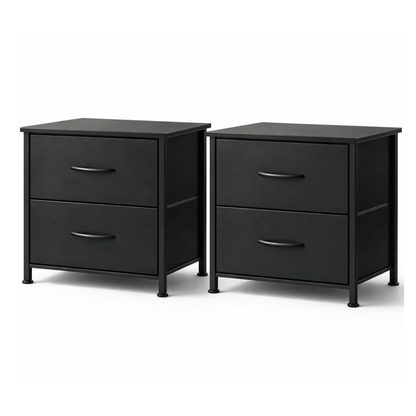 Lot 2 Tables de Chevet 2 Tiroirs Tissu – Cadre Acier Bois – Pieds Réglables - Coin De Nuit - Table de chevet