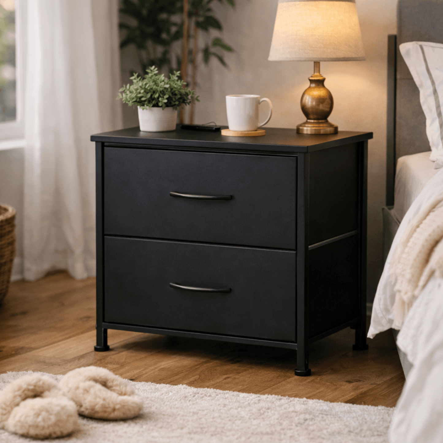 Lot 2 Tables de Chevet 2 Tiroirs Tissu – Cadre Acier Bois – Pieds Réglables - Coin De Nuit - Table de chevet