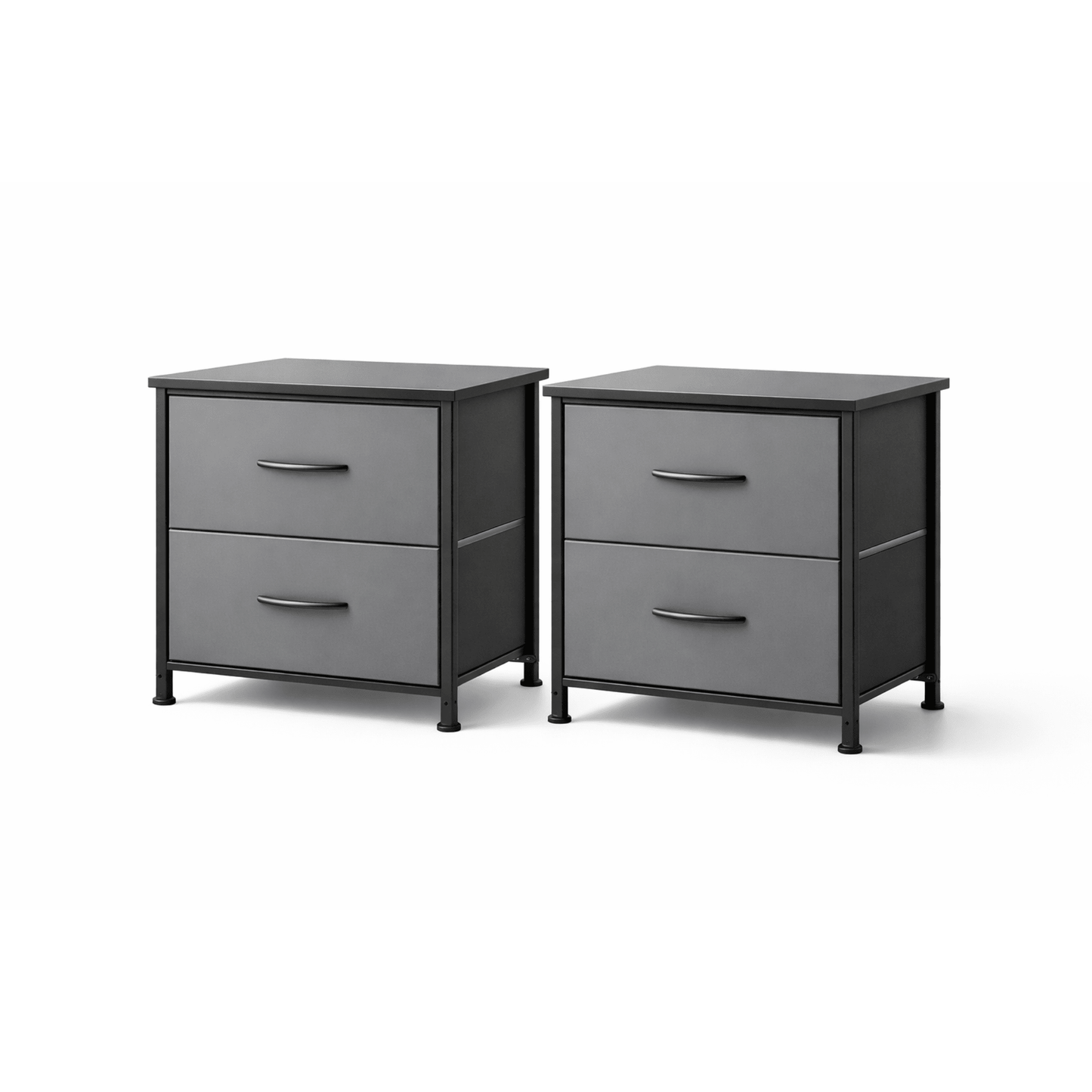 Lot 2 Tables de Chevet 2 Tiroirs Tissu – Cadre Acier Bois – Pieds Réglables - Coin De Nuit - Table de chevet