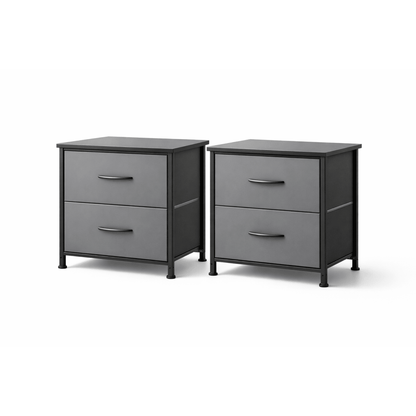 Lot 2 Tables de Chevet 2 Tiroirs Tissu – Cadre Acier Bois – Pieds Réglables - Coin De Nuit - Table de chevet