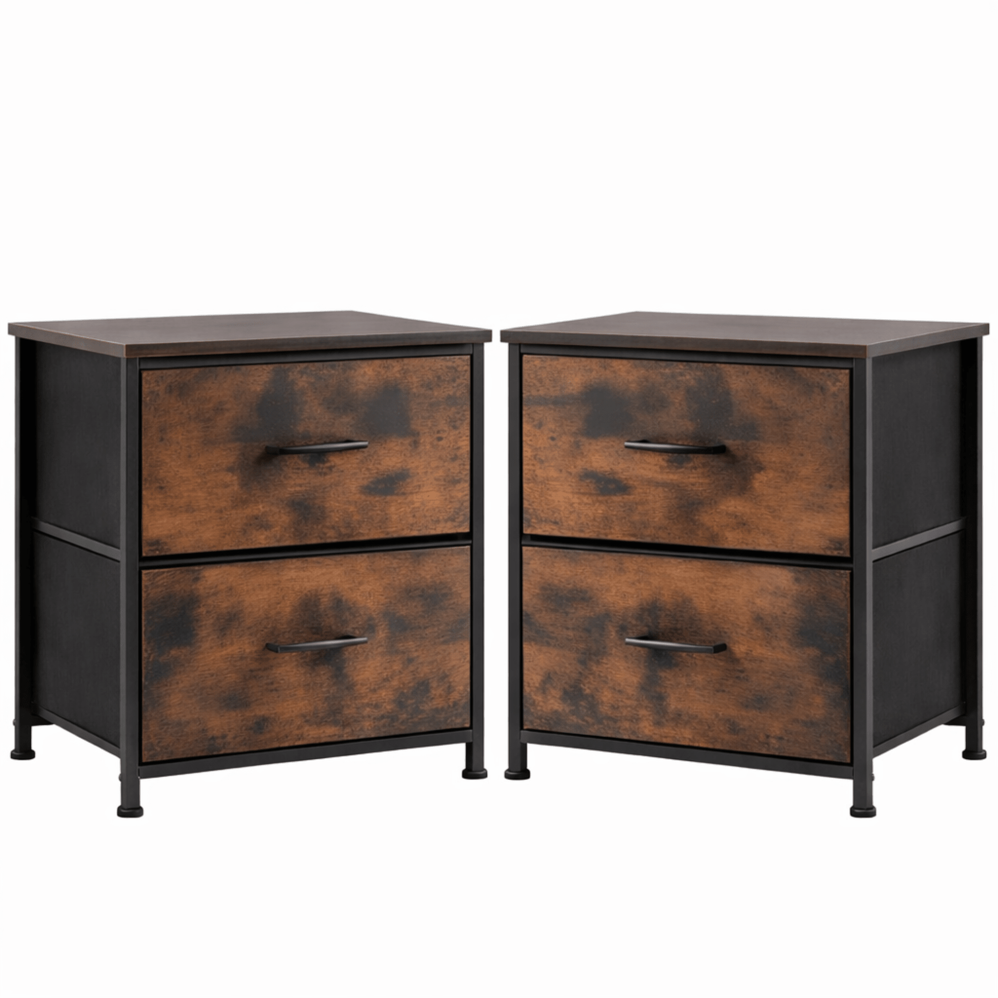 Lot 2 Tables de Chevet 2 Tiroirs Tissu – Cadre Acier Bois – Pieds Réglables - Coin De Nuit - Table de chevet