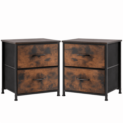 Lot 2 Tables de Chevet 2 Tiroirs Tissu – Cadre Acier Bois – Pieds Réglables - Coin De Nuit - Table de chevet