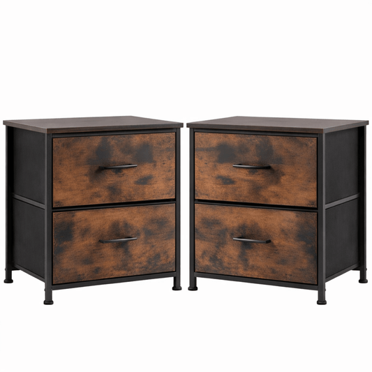 Lot 2 Tables de Chevet 2 Tiroirs Tissu – Cadre Acier Bois – Pieds Réglables - Coin De Nuit - Table de chevet