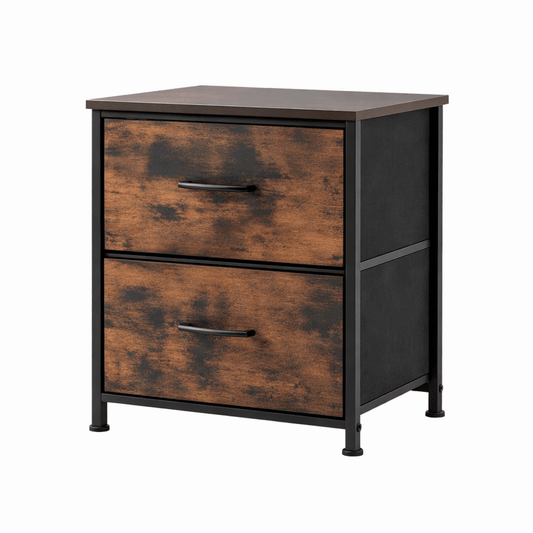 Lot 2 Tables de Chevet 2 Tiroirs Tissu – Cadre Acier Bois – Pieds Réglables - Coin De Nuit - Table de chevet