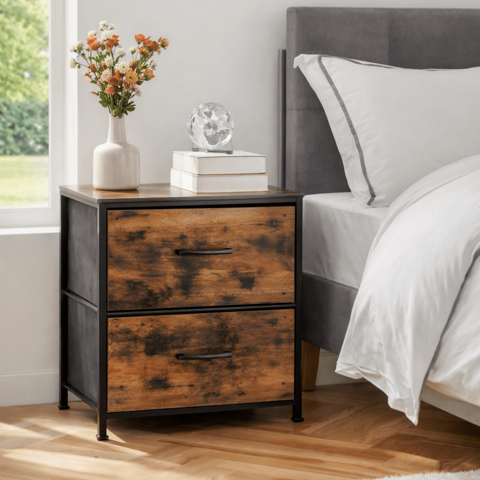 Lot 2 Tables de Chevet 2 Tiroirs Tissu – Cadre Acier Bois – Pieds Réglables - Coin De Nuit - Table de chevet