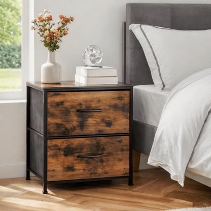 Lot 2 Tables de Chevet 2 Tiroirs Tissu – Cadre Acier Bois – Pieds Réglables - Coin De Nuit - Table de chevet