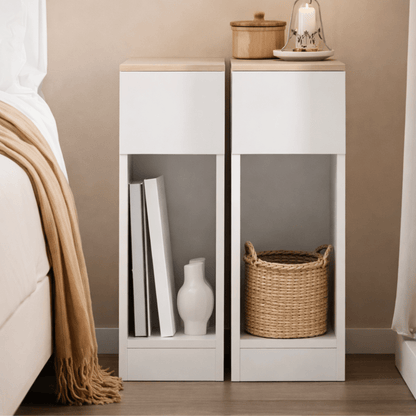 Lot 2 Tables de Chevet Étroites 20 cm – Tiroir + Compartiment – Ultra - Compact Chambre - Coin De Nuit - Table de chevet
