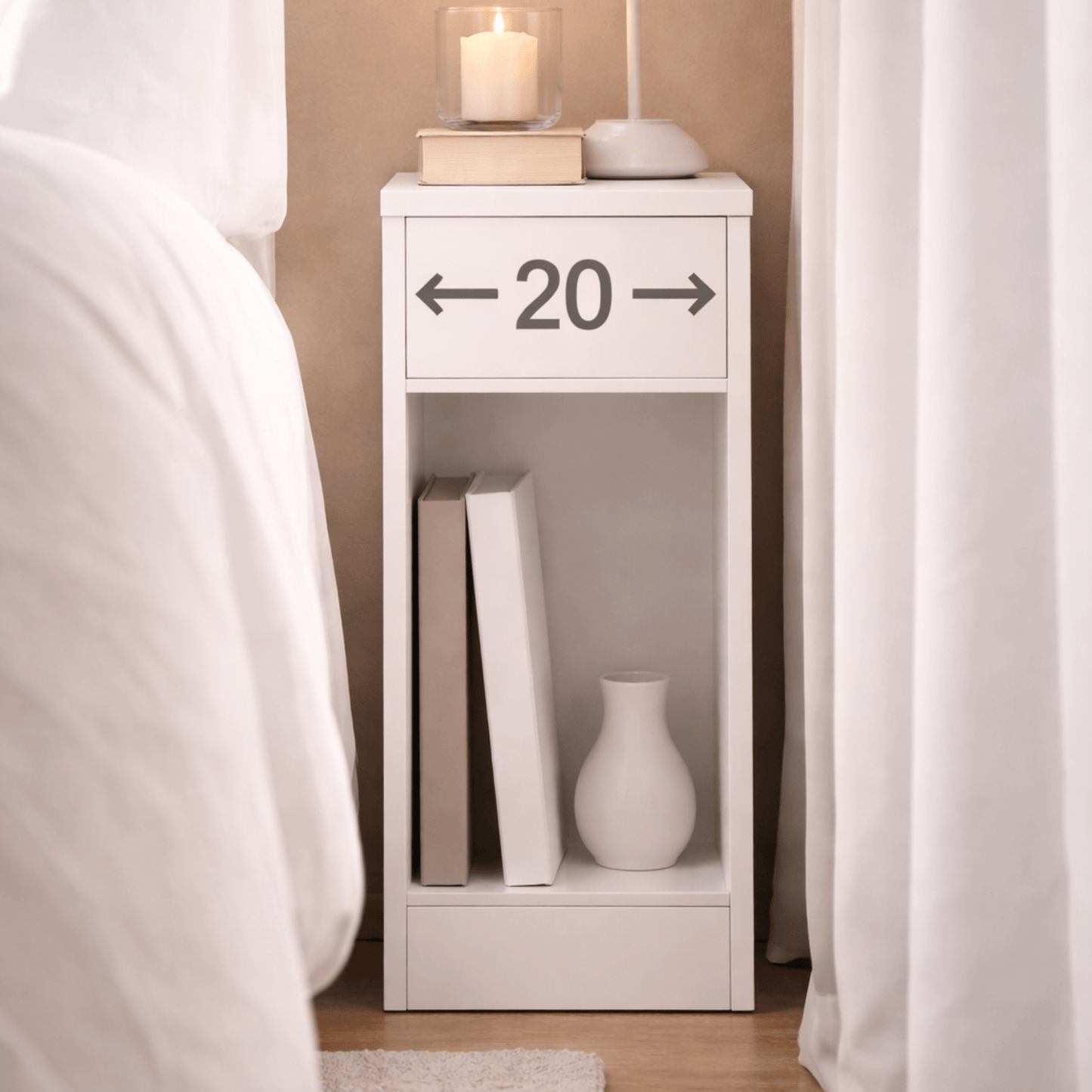 Lot 2 Tables de Chevet Étroites 20 cm – Tiroir + Compartiment – Ultra - Compact Chambre - Coin De Nuit - Table de chevet