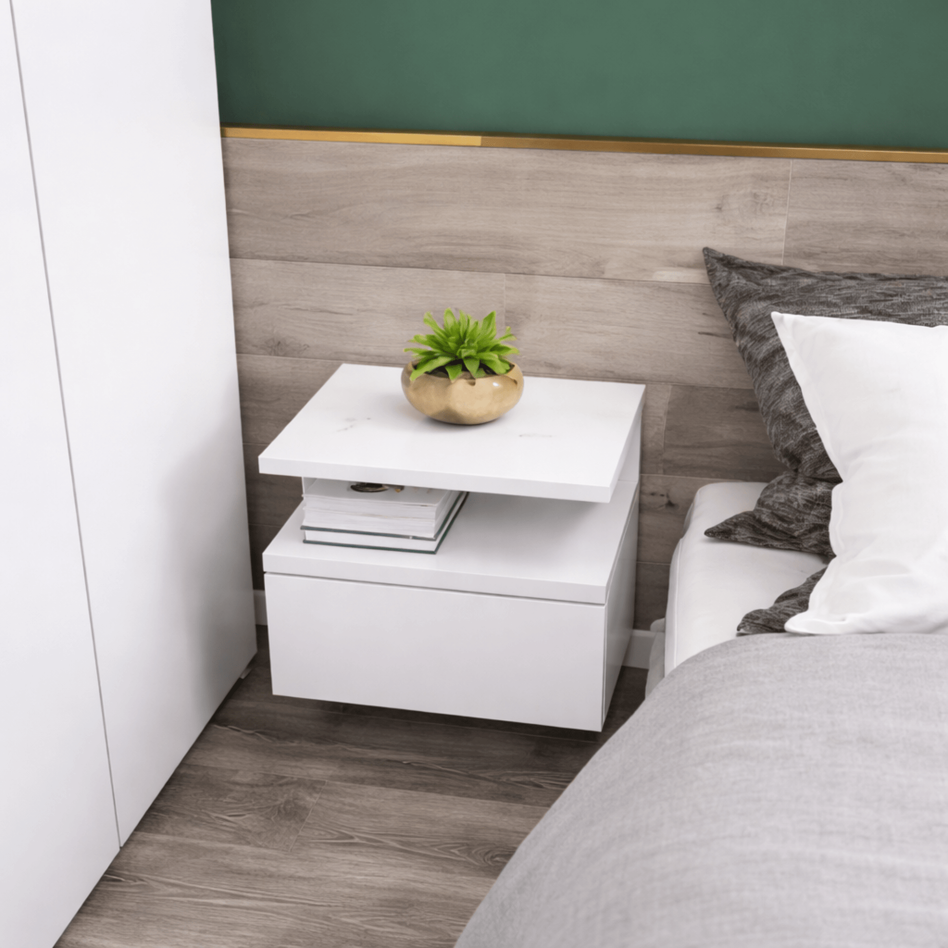 Lot 2 Tables de Chevet Murales Flottantes – Tiroir + Étagère – Chambre - Coin De Nuit - Table de chevet