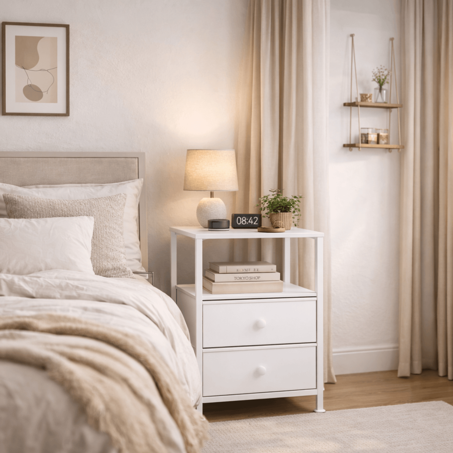 Table de Chevet 2 Tiroirs + Niche – Panneau Bois E1 et Cadre Métal – Chambre - Coin De Nuit - Table de chevet