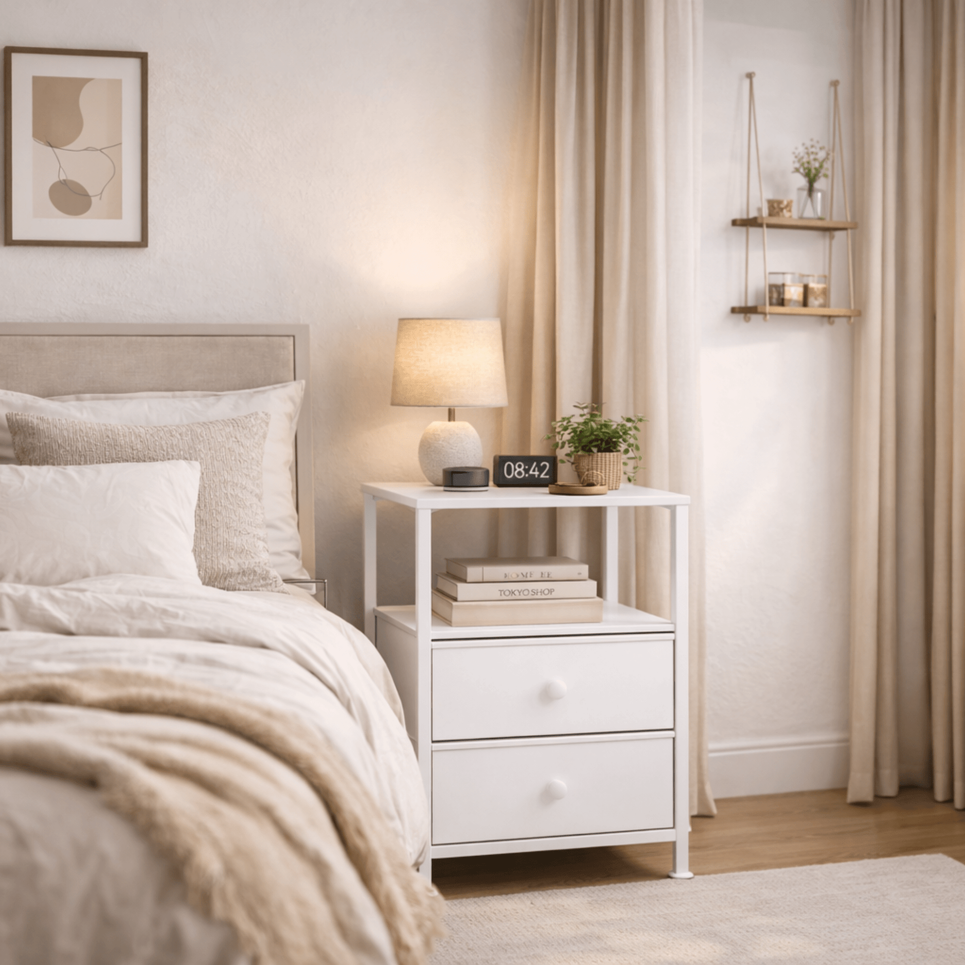 Table de Chevet 2 Tiroirs + Niche – Panneau Bois E1 et Cadre Métal – Chambre - Coin De Nuit - Table de chevet