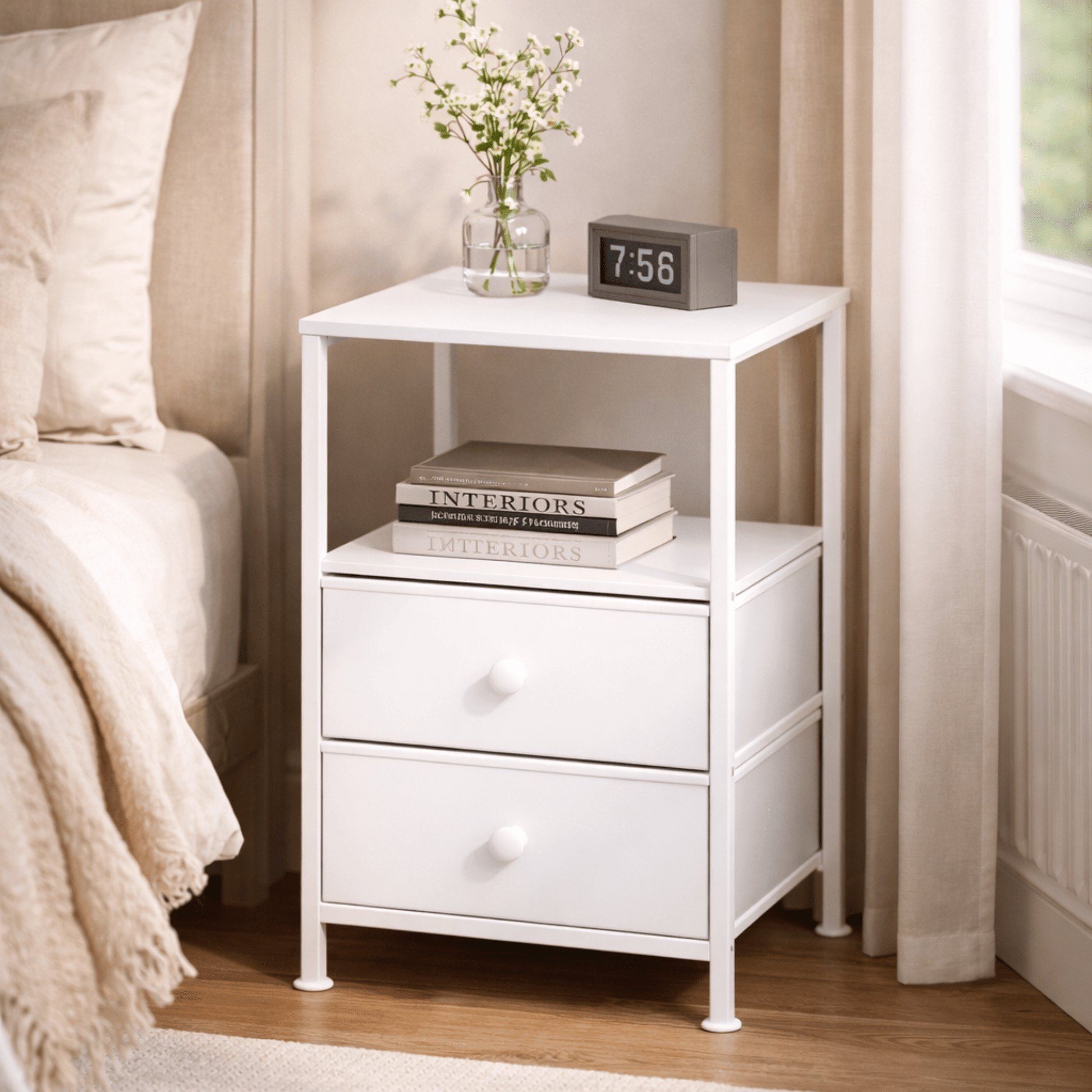 Table de Chevet 2 Tiroirs + Niche – Panneau Bois E1 et Cadre Métal – Chambre - Coin De Nuit - Table de chevet