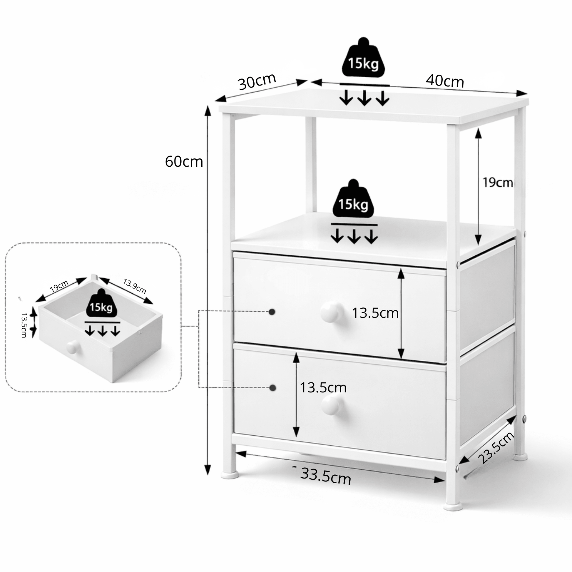 Table de Chevet 2 Tiroirs + Niche – Panneau Bois E1 et Cadre Métal – Chambre - Coin De Nuit - Table de chevet