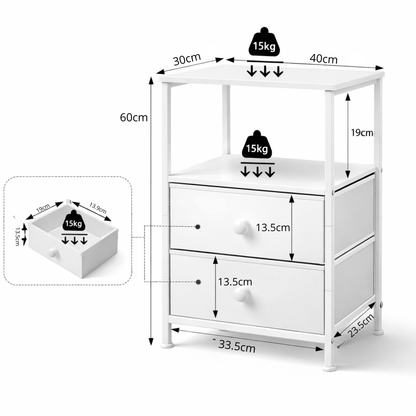Table de Chevet 2 Tiroirs + Niche – Panneau Bois E1 et Cadre Métal – Chambre - Coin De Nuit - Table de chevet