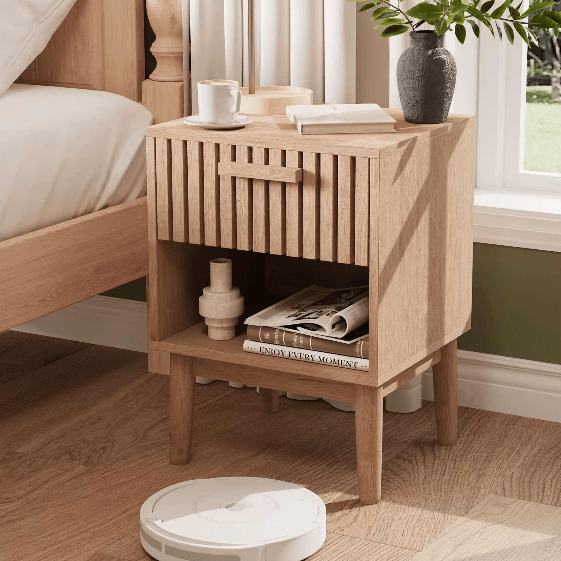 Table de Chevet Bois Massif – Tiroir + Niche Ouverte – Motif Ondulé – Chambre - Coin De Nuit - Table de chevet