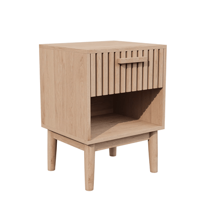 Table de Chevet Bois Massif – Tiroir + Niche Ouverte – Motif Ondulé – Chambre - Coin De Nuit - Table de chevet