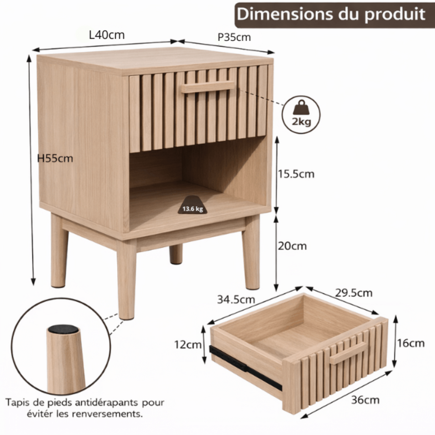 Table de Chevet Bois Massif – Tiroir + Niche Ouverte – Motif Ondulé – Chambre - Coin De Nuit - Table de chevet