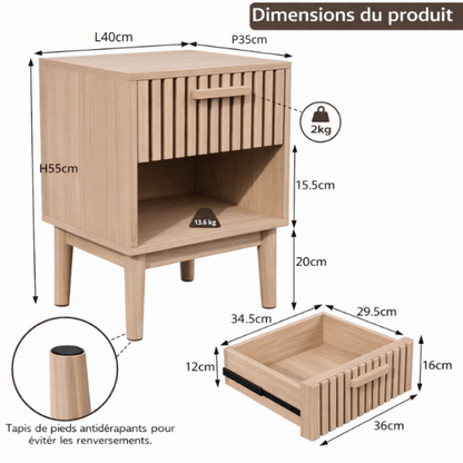 Table de Chevet Bois Massif – Tiroir + Niche Ouverte – Motif Ondulé – Chambre - Coin De Nuit - Table de chevet