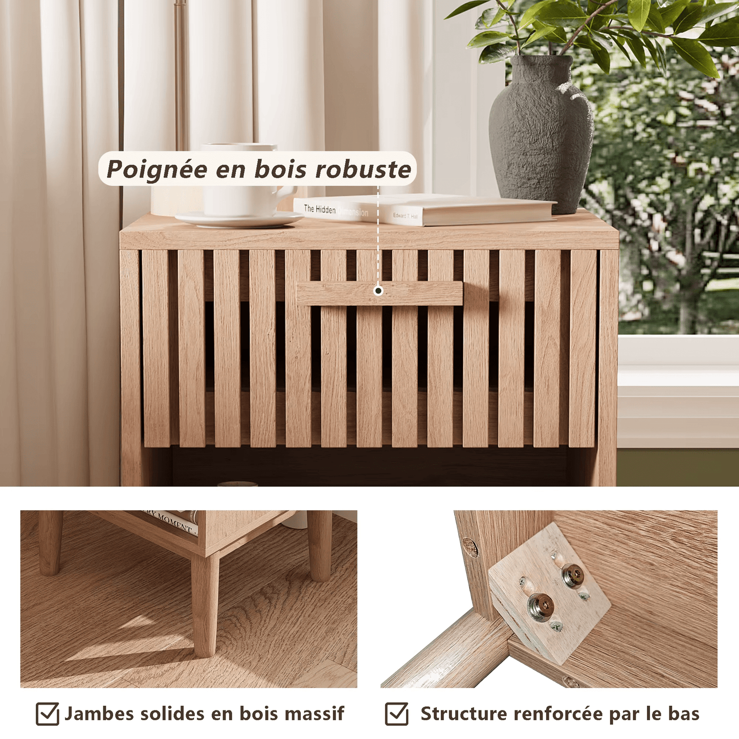 Table de Chevet Bois Massif – Tiroir + Niche Ouverte – Motif Ondulé – Chambre - Coin De Nuit - Table de chevet