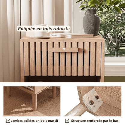 Table de Chevet Bois Massif – Tiroir + Niche Ouverte – Motif Ondulé – Chambre - Coin De Nuit - Table de chevet