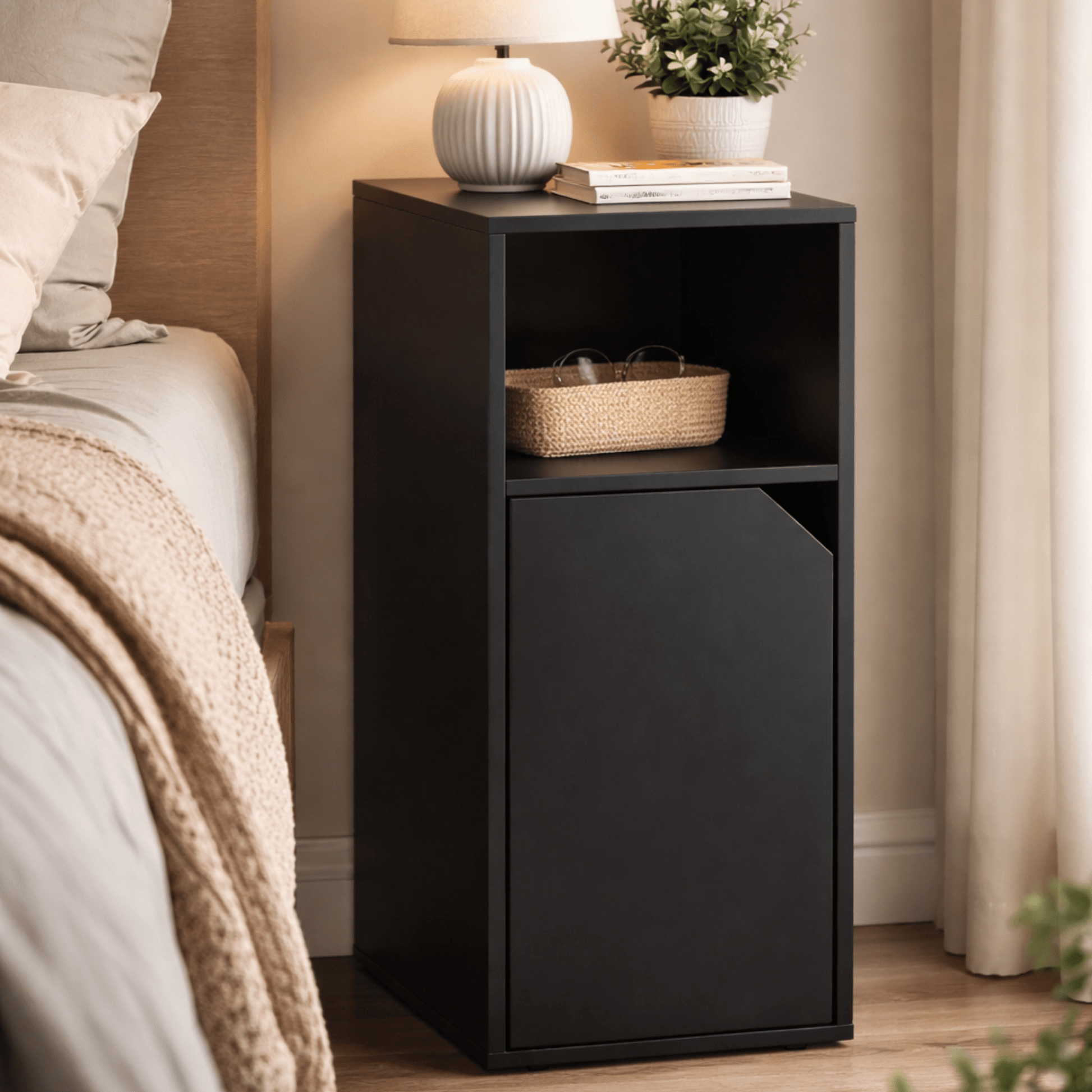 Table de Chevet Noire – Porte + Compartiment Ouvert – Meuble Rangement - Coin De Nuit - Table de chevet