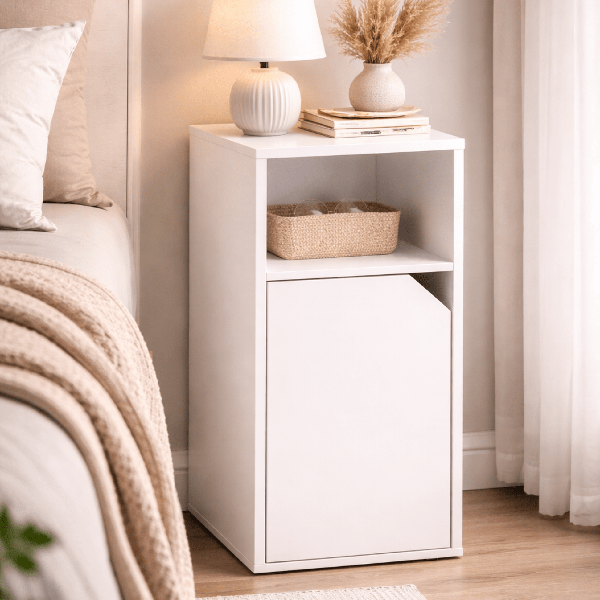 Table de Chevet Noire – Porte + Compartiment Ouvert – Meuble Rangement - Coin De Nuit - Table de chevet