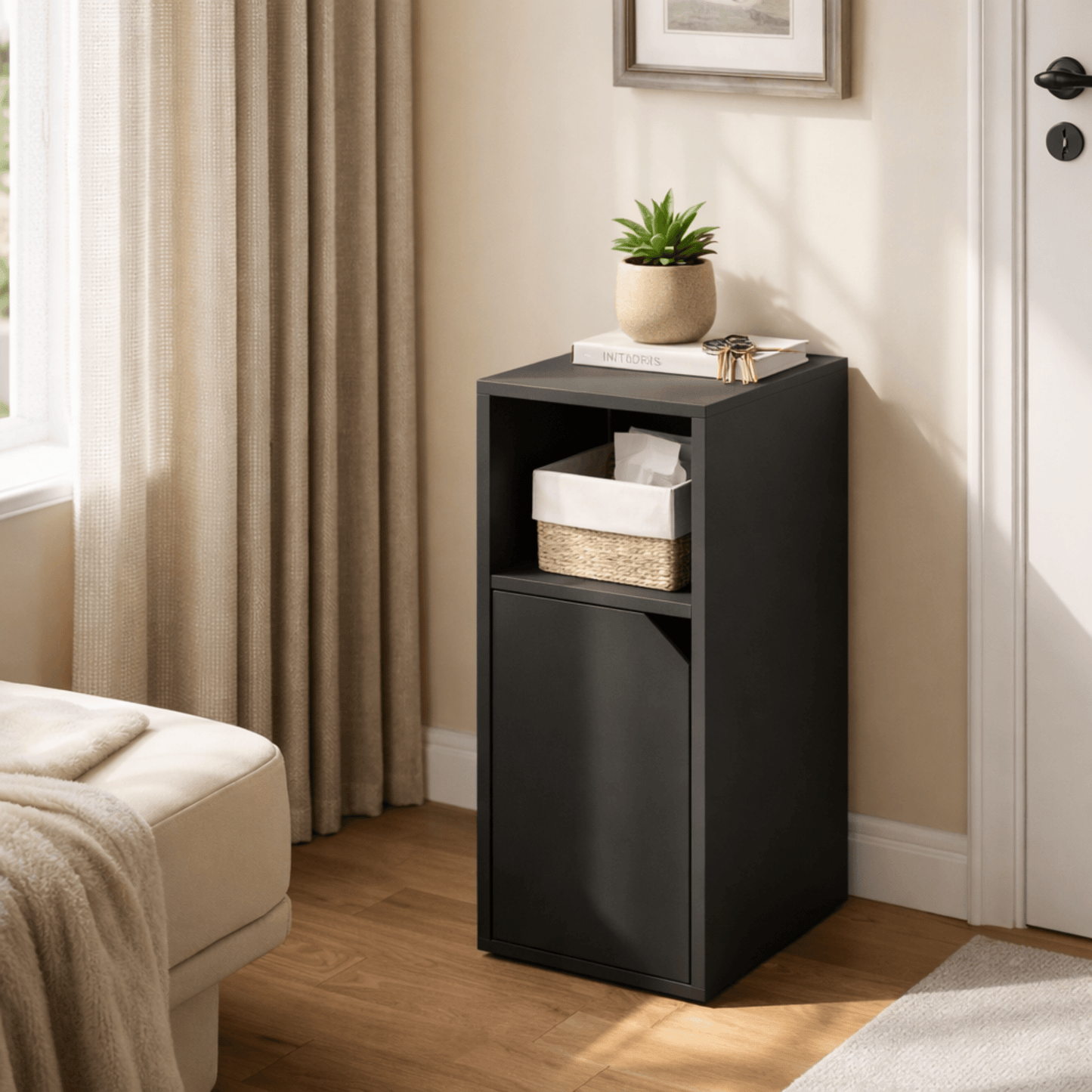 Table de Chevet Noire – Porte + Compartiment Ouvert – Meuble Rangement - Coin De Nuit - Table de chevet