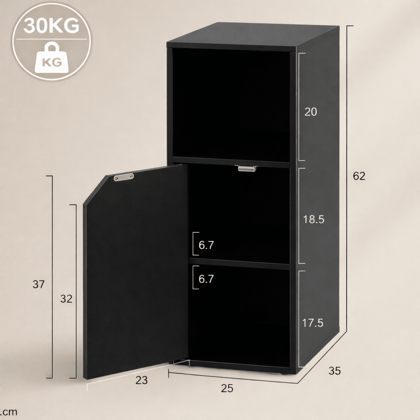 Table de Chevet Noire – Porte + Compartiment Ouvert – Meuble Rangement - Coin De Nuit - Table de chevet