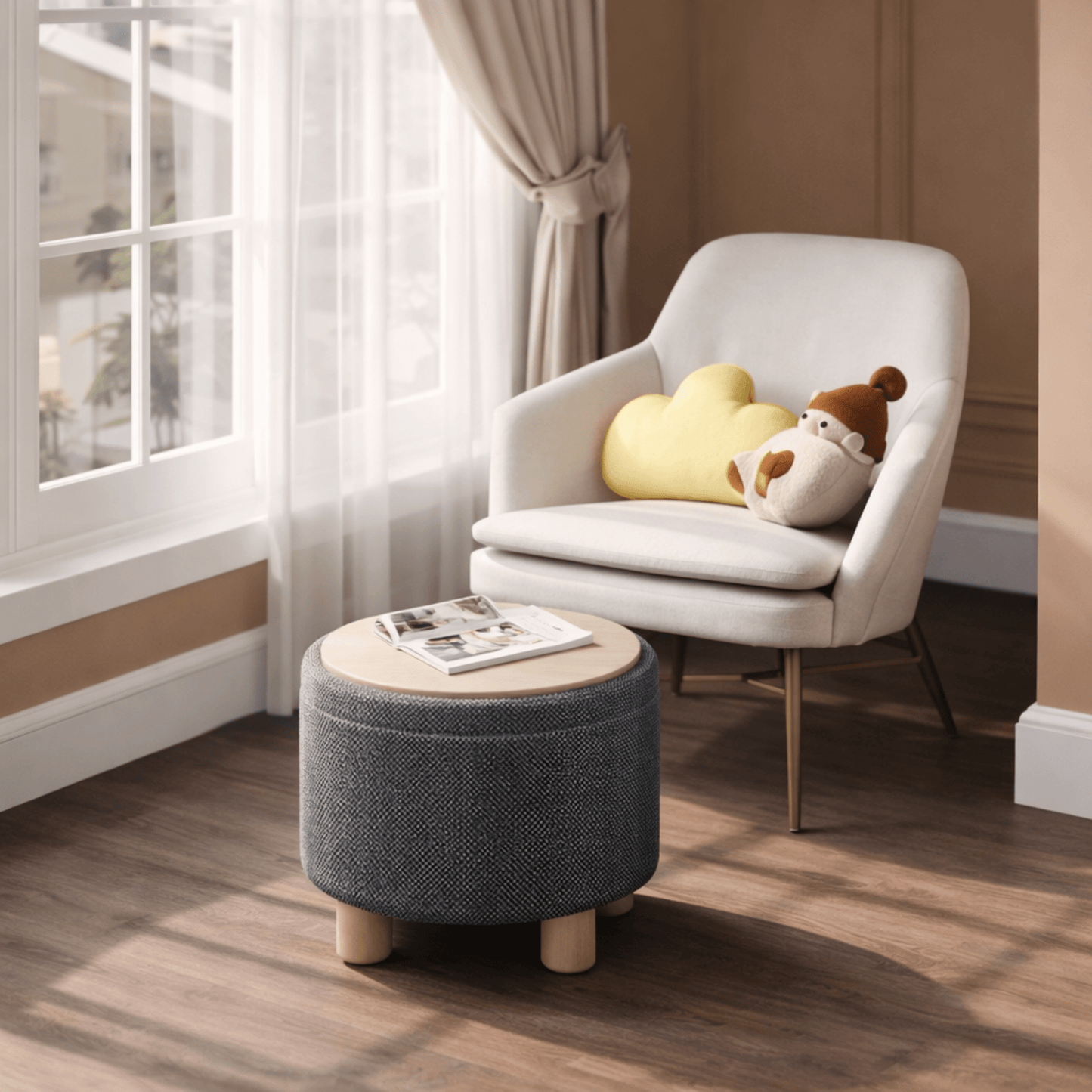 Tabouret Coffre Rond avec Rangement – Couvercle Plateau Bois – Salon Chambre - Coin De Nuit - Tabouret de rangement