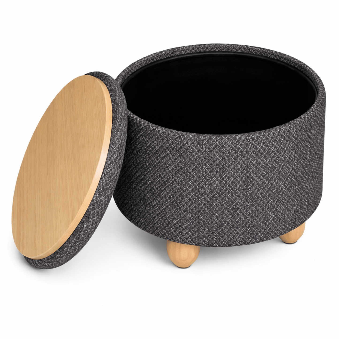 Tabouret Coffre Rond avec Rangement – Couvercle Plateau Bois – Salon Chambre - Coin De Nuit - Tabouret de rangement