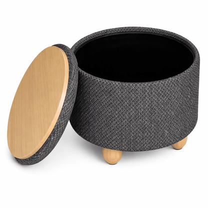 Tabouret Coffre Rond avec Rangement – Couvercle Plateau Bois – Salon Chambre - Coin De Nuit - Tabouret de rangement