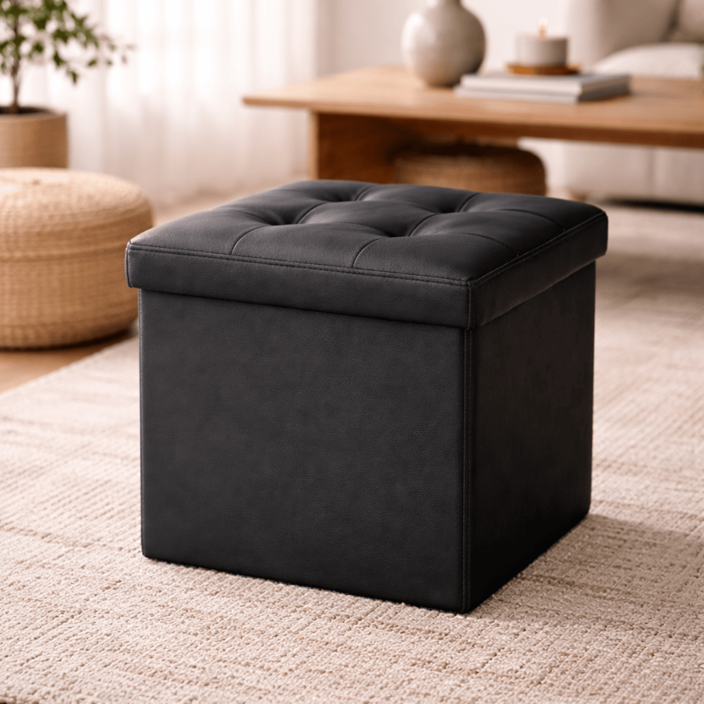 Tabouret Pliant avec Rangement 30x30x30 cm – Assise Rembourrée – Oak & Tea - Coin De Nuit - Tabouret de rangement